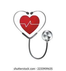 Corazón, latido cardíaco y estetoscopio aislados sobre fondo blanco. Logo de la sanidad médica.Vector.Ilustración.