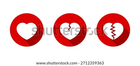 Heart and heartbreak icon with long shadow. Love and breakup symbol. Romantic and divorce sign