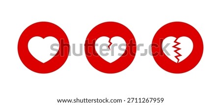 Heart and heartbreak icon in red circle. Love and broken heart symbol. Romantic and divorce sign