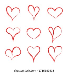 Heart hearth. Collection of handmade hearts. Love pattern. Heart drawn of brush. Handdrawn red logo for flirt, sweetheart, valentine day, marriage. Grunge shapes for cartoon, gift, label. Vector.