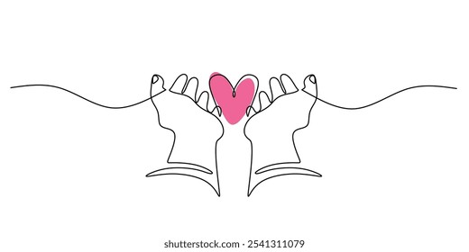 Heart Held by Two Hands. Continuous One Line Drawing Representing Love and Relationships in a Minimalist Style.