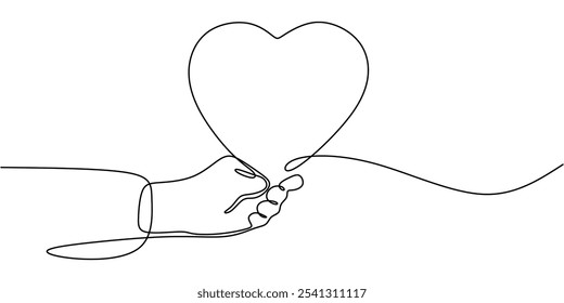 Heart Held in Hand. Continuous One Line Drawing Depicting Relationship Concept in Minimalist Hand-Drawn Style.