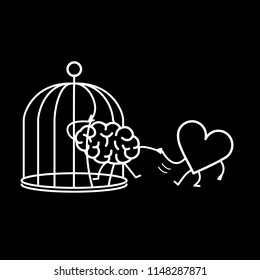 heart helping brain to escape from cage. Vector concept illustration of feelings support escaping imprisoned mind  | flat design linear infographic icon white on black background