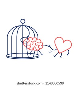 heart helping brain to escape from cage. Vector concept illustration of feelings support escaping imprisoned mind  | flat design linear infographic icon red and blue on white background