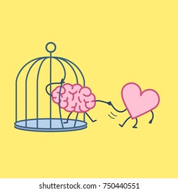 heart helping brain to escape from cage. Vector concept illustration of feelings support escaping imprisoned mind  | flat design linear infographic icon on yellow background