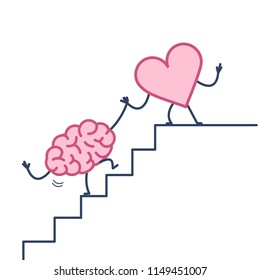 heart helping hand brain to success. Vector concept illustration of heart cooperation with brain on stairs to goal | flat design linear infographic icon colorful on white background