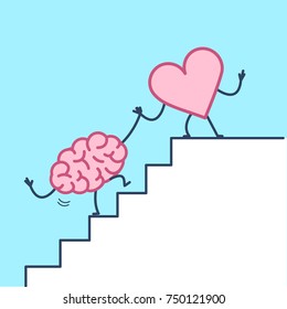 heart helping hand brain to success. Vector concept illustration of heart cooperation with brain on stairs to goal | flat design linear infographic icon on blue background