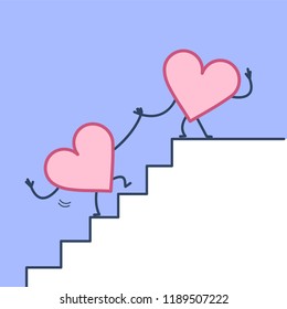 Heart helping hand to success. Vector concept illustration of two hearts cooperation on stairs to goal | flat design linear infographic icon on violet background