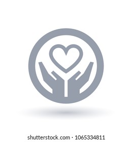 Heart with helping hands icon in circle outline. Charity love symbol. Welfare support sign. Vector illustration.