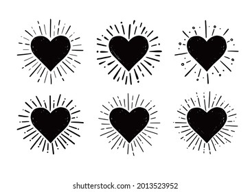 Heart hipster sunburst. Hand drawn sketch style. Black heart vector illustration for grunge frame, love quote.