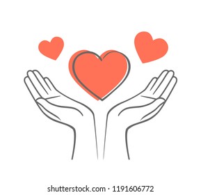 Heart in his hands. Symbol of love and charity. Illustration in hand drawn style