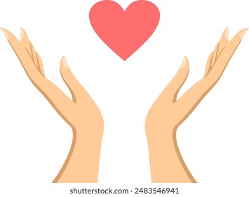 Heart Hold by Hands. Open Female Palms Holding Red Heart. Love, Care, Support, Volunteer, Charity, Donation, Voluntary Help, Solidarity  Concept.  Flat Style Vector Illustration Isolated on White Back