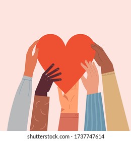 Çeşitli ellerle tutuşan kalp. Sevgiyi paylaşmak, başkalarına yardım etmek, küresel topluluk tarafından desteklenen hayır kurumu için vektör illüstrasyon kavramı