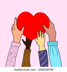 Heart holding by diverse hands. Vector illustration concept for sharing love, helping others, charity supported by global community