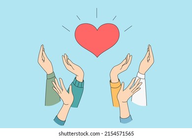 Heart holding by diverse hands. Vector illustration concept for sharing love, helping others, charity supported by global community