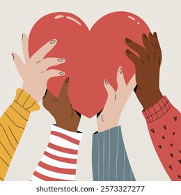 Heart holding by diverse hands. Vector illustration concept for sharing love, helping others, charity supported by global community