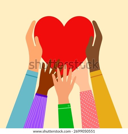 Heart holding with diverse hands vector illustration concept for sharing love helping others charity supported by global community. Flat vector illustration design