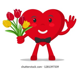 Heart holds a bouquet of flowers and waves on a white background. Valentines day