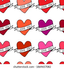 Heart holiday seamless pattern. Good for textiles, packaging, wallpaper, etc. White background with "I love you" hearts. Vector illustration.