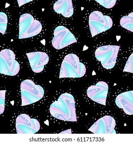 Heart with holographic effect seamless pattern. Modern style trends 80. Bright holographic backgrounds