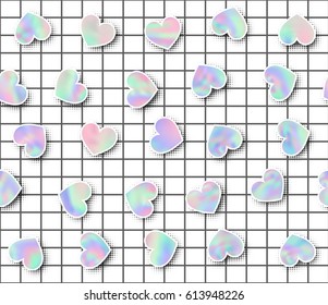 Corazón con efecto holográfico patrón sin fisuras. Tendencias de estilo moderno 80. imágenes hipster surrealistas. Fondo holográfico brillante.Ilustración vectorial 10 EPS.