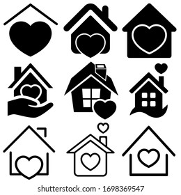 Heart with home vector set. House with heart illustration sign collection.