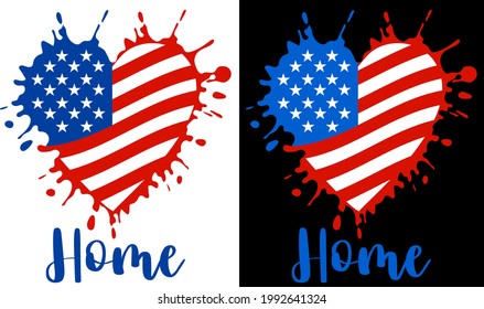 Heart with Home word. Celebration of 4th of July USA Independence Day vector tee shirt design. Designed in Stars and Stripes. 