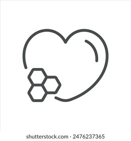 Icono de corazón y peines de miel. Ilustración de línea simple de un corazón con panales de miel, simbolizando los beneficios para la salud de la miel. Vector sobre fondo blanco.