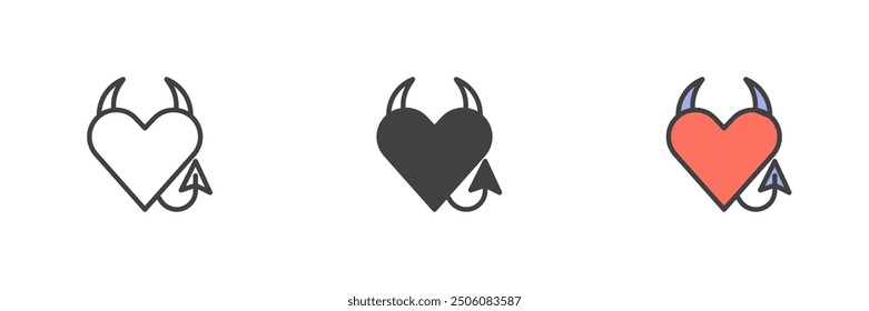 Heart with horns and a tail different style icon set. Line, glyph and filled outline colorful version, outline and filled vector sign. Devil heart symbol, logo illustration. Vector graphics