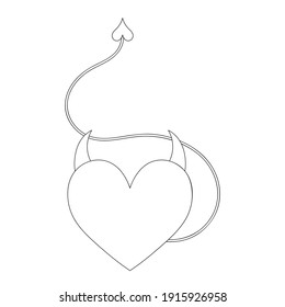 Heart with horns and a tail. Sketch. Devils heart. Vector illustration. A symbol of love in a devilish guise. Isolated white background. Coloring book for children. Valentines Day. Seductive tempter. 