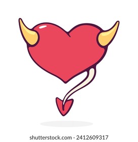 Corazón con cuernos y cola. Símbolo de San Valentín. Ángel vicioso. Ilustración vectorial. Dibujo a mano de un clip de dibujos animados con contorno. Aislado sobre fondo blanco