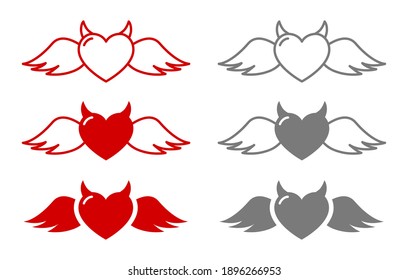 heart with horns and wings amour icon set