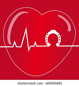  Heart with horse shoe on red background. Vector illustration.