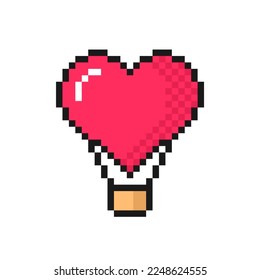 Heart hot air balloon icon in pixel art design. Love symbol for Valentine's Day or birthday. Isolated on white background vector sign.