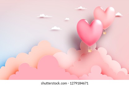 Heart hot air balloon paper art style with pastel sky background vector illustration