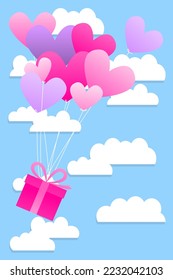 heart hot air flying with gift box on cloud background. Love concept for happy mother s day, valentine s day, birthday day. Vector illustration. illustration of love and valentine day with heart baloo