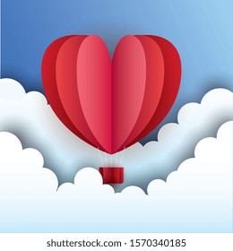 heart hot balloon between clouds paper cut art. vector illustration