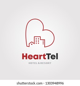 Heart Hotel Logo Template with heart and Hotel Accommodation building design concept for Hotel and Resort.