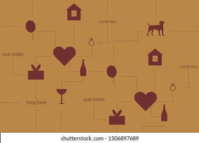 Heart, house, bottle, ring, dog, inscription, balloon, presents and glass elements. Pattern with heart. Love background concept. Vector illustration design.