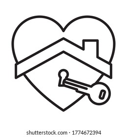heart with house and keyhole and key icon over white background, line style, vector illustration