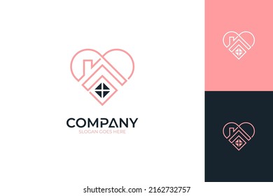 Heart and house logo. Modern geometric linear line style with multiple previews and color variations of pink, black and white.