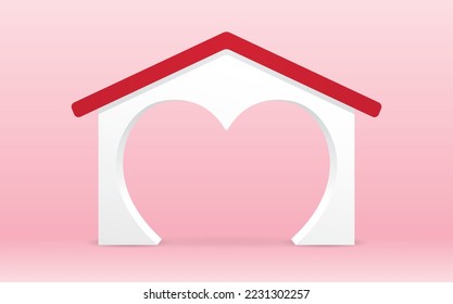 heart in house shape backdrop arch 3d illustration vector on sweet pink background