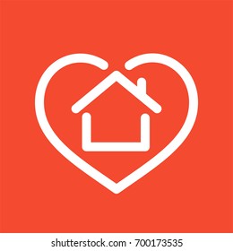 Heart with house shape within line style icon, love home symbol, vector illustration isolated on red background