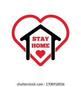 Heart with house and text Stay Home. Isolated icon, logo, sign. Flat vector illustration.