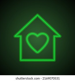 Heart, house vector simple icon. Flat design. Green neon on black background with green light.ai
