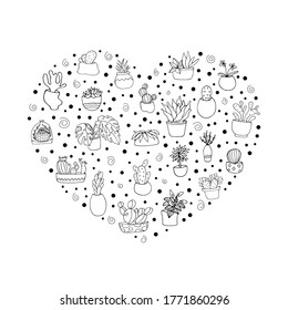 Heart with houseplants.Potted flower.  Flower. Printing on paper, fabrics, dishes, pillows, clothing. Doodle style. Vector isolated illustration with houseplants. Cacti, Monstera in pots.  