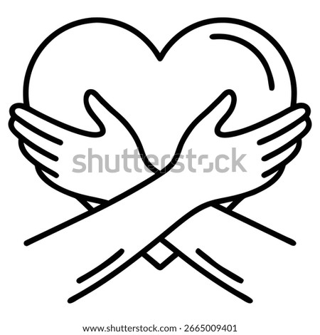 Heart Hug Line Art Vector: Minimalist Hands Embracing Heart Symbol for Self-Love, Mental Health Awareness, Compassion, Kindness Support Icon, Black White Outline Logo, Empathy Graphic. vector eps 10.