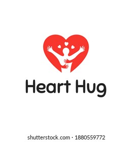 Heart hug symbol illustration isolated on white background, Vector flat logotype design of red heart and embracing white man silhouette. Love sign, romantic relationships concept.