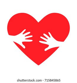Heart hug vector icon as orphan children adoption metaphor. Helping or Loving Hands embracing Red heart. Great as illustration or logo for Child Adoption or Medical or kids health care Charity Agency.