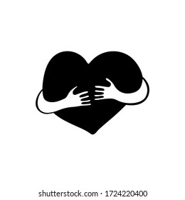 Heart with hugging arms. Love yourself. Black shape with white details. Hand drawn vector illustration.